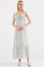 2237 Desenli Askılı Viskon Elbise - Mavi