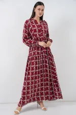Kadın Desenli Uzun Tesettür Elbise 2585 - F.Bordo