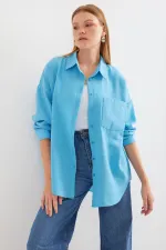 Chemise oversize en lin à poche unique 20153 - Bleu clair
