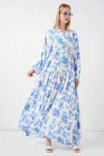 Kadın Desenli Uzun Tesettür Elbise 2585 - Buz Mavi