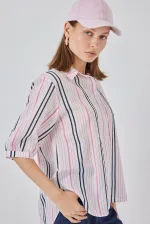 Kadın Çizgili Kısa Kol Gömlek 20345 - Pembe