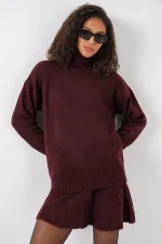 15891 Sweater Skirt Knitwear Two Piece Set - Claret Red