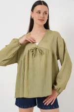 Kadın Önü Bağcıklı Uzun Kol Bluz 946 - Çağla