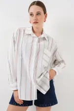 Kadın Çizgili Oversize Gömlek 20278 - B.Beyaz