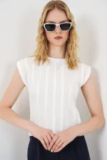 Women's Textured Sleeveless Knitted Stretch Blouse 991 - White