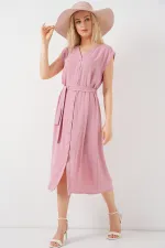 Kadın Sıfır Kol Kuşaklı Ayrobin Elbise 2568 - Pudra