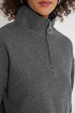 55449 Zippered Collar Knitted Sweatshirt - Anthracite