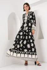 Robe hijab à motifs authentiques 2423 - Noir2