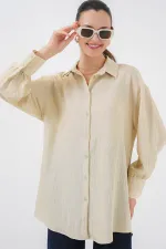 Women's Striped Long Shirt Tunic 5963 - Cream Women's Striped Long Shirt Tunic 5963 - Cream