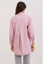 20217 Cep Detaylı Çizgili Oversize Gömlek - Pudra
