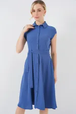 1677 Boydan Düğmeli Kuşaklı Elbise - İndigo