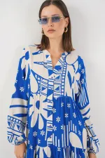 Kadın Desenli Uzun Tesettür Elbise 2585 - Mavi