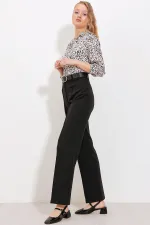 Women's Black High-Waisted Fabric Trousers 6584