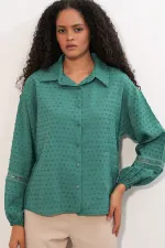 Women's Oversize Patterned Shirt 20379 - Emerald Green Women's Oversize Patterned Shirt 20379 - Emerald Green