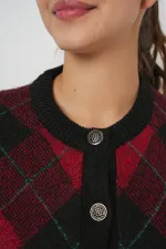 Kadın Desenli Düğmeli Triko Hırka 15927 - Bordo