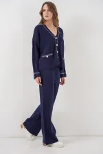 Women's Embroidered Knitwear Cardigan Trousers Two-Piece Suit 15963 - Navy Blue