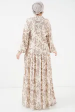 2423 Otantik Desenli Tesettür Elbise - Z.Bej