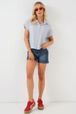 Kadın Çizgili Kısa Kol Gömlek 20324 - Mavi