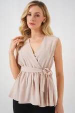 Kadın Kruvaze Yaka Kolsuz Bluz 966 - Krem