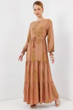 2145 Desenli Tesettür Elbise - Bisküvi