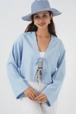 Kimono en lin noué sur le devant 960 - Bleu