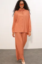 Women's Textured Shirt and Pants Two-Piece Set 6710 - Salmon Women's Textured Shirt and Pants Two-Piece Set 6710 - Salmon