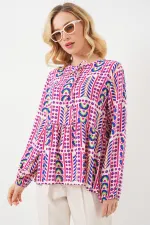 Kadın Desenli Uzun Kol Bluz 970 - Fuşya