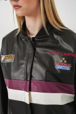 0698 Printed Faux Leather Bomber Jacket - Black - Purple