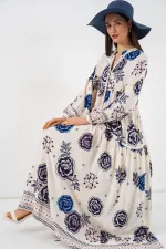 Kadın Desenli Uzun Tesettür Elbise 2585 - B.Lacivert