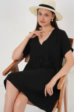 Kadın V Yaka Kısa Kol Elbise 2567 - Siyah
