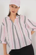 Kadın Çizgili Oversize Bluz 967 - Pembe