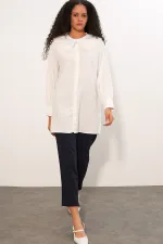 Women's Wide Collar Ruffle Detail Striped Tunic Shirt 5993 - White