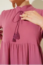T1627 Yaka Bağcıklı Elbise - A. Pembe