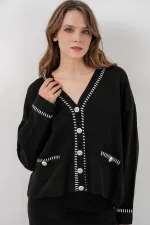 Women's Embroidered Knitwear Cardigan Trousers Two-Piece Suit 15963 - Black