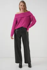 Pull oversize en maille à épaules dénudées pour femme - Rose foncé 15908