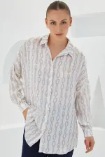 Women's Beige White Patterned Oversize Satin Shirt 3985