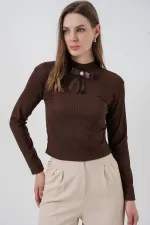 Women's Ribbon Detail Long Sleeve Blouse 977 - Brown