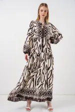 Kadın Desenli Uzun Tesettür Elbise 2585 - K. Taba