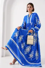 Robe hijab authentique à motifs 2423 - Blanc - Bleu marine