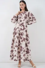 Kadın Lilyum Kumaş Uzun Tesettür Elbise 2593 - Kahverengi