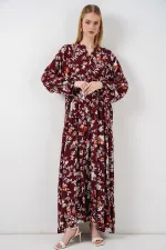 Kadın Desenli Uzun Tesettür Elbise 2585 - Z.Bordo