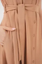 1677 Buttoned Belted Dress - Biscuit
