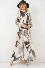 Kadın Desenli Uzun Tesettür Elbise 2585 - Siyah