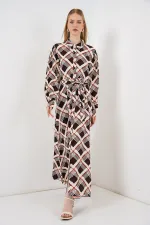 Kadın Boydan Düğmeli Uzun Tesettür Elbise 2588 - Kahve Bej