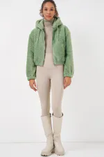 Veste courte à capuche en peluche 5193 - Vert écru