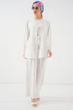 Kadın Önü Bağcıklı Tunik Pantolon İkili Takım 6744 - Beyaz