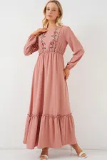 Kadın Nakışlı Uzun Tesettür Elbise 2550 - Pudra