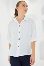 Women's White Short Sleeve Oversize Linen Shirt 20240