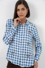 Kadın Desenli Oversize Viskon Gömlek 20371 - Mavi