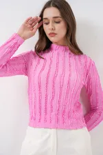 Kadın Dokulu Esnek Örme Bluz 975 - Pembe